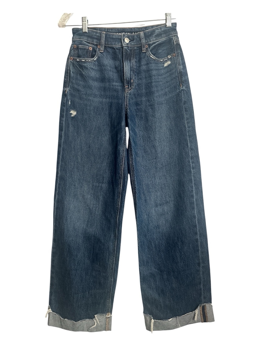 American Eagle Super High Rise Baggy Wide Leg Jeans With Frayed Cuffs Size 0
